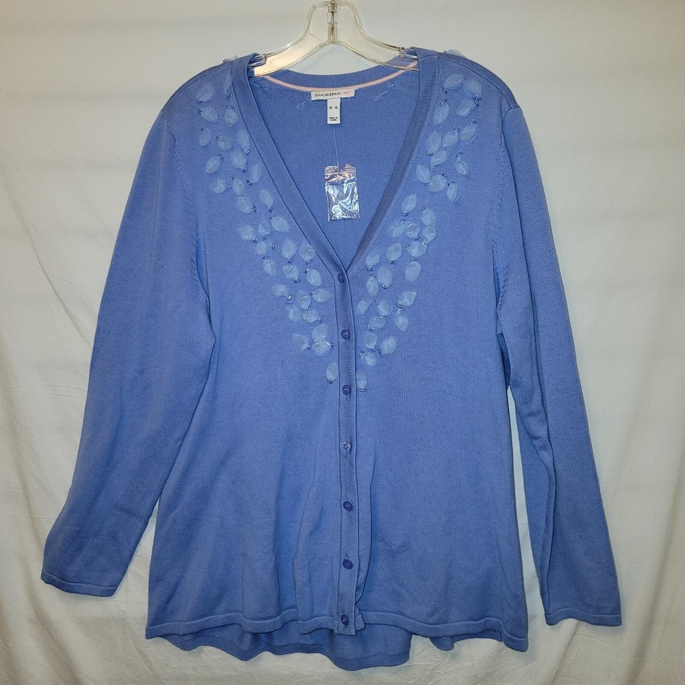 Isaac Mizrahi Live Periwinkle Blue Beaded Leaf Applique Cardigan Sweater XL